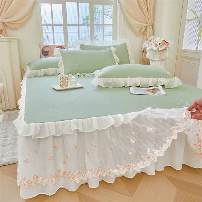 91家纺网 家纺一手货源 找家纺 虹星家纺 2025新款A类冰感凉豆豆床裙席夏被夏凉被空调被四件套-素夏 素夏-抹茶绿