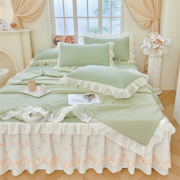 91家纺网 家纺一手货源 找家纺 虹星家纺 2025新款A类冰感凉豆豆床裙席夏被夏凉被空调被四件套-素夏 素夏-抹茶绿