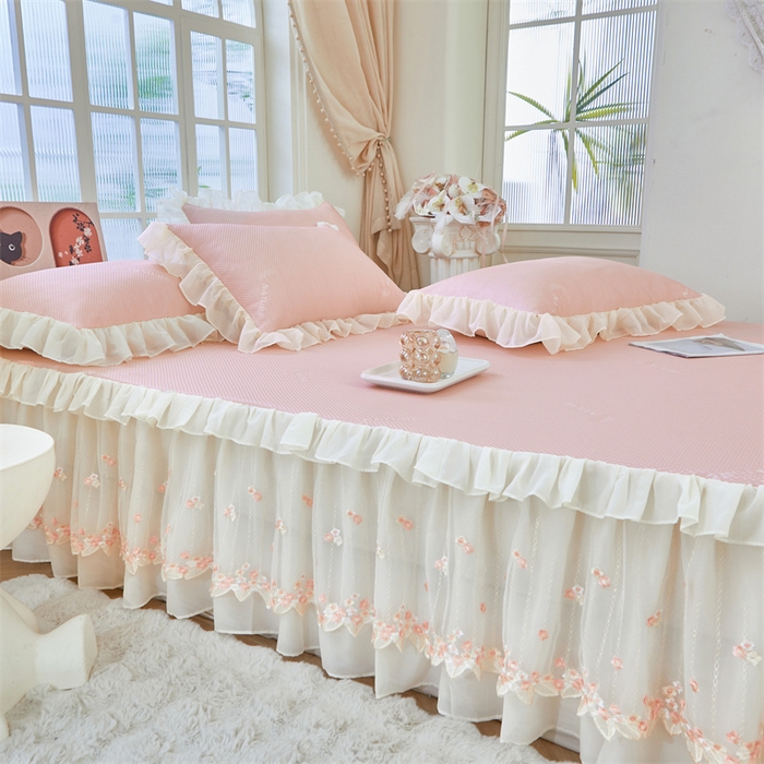 91家纺网 家纺一手货源 找家纺 虹星家纺 2025新款A类冰感凉豆豆床裙席夏被夏凉被空调被四件套-素夏 素夏-蜜桃粉