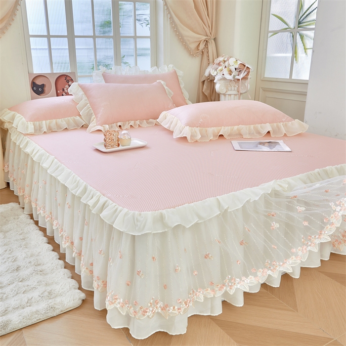 91家纺网 家纺一手货源 找家纺 虹星家纺 2025新款A类冰感凉豆豆床裙席夏被夏凉被空调被四件套-素夏 素夏-蜜桃粉