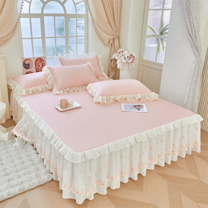 91家纺网 家纺一手货源 找家纺 虹星家纺 2025新款A类冰感凉豆豆床裙席夏被夏凉被空调被四件套-素夏 素夏-蜜桃粉