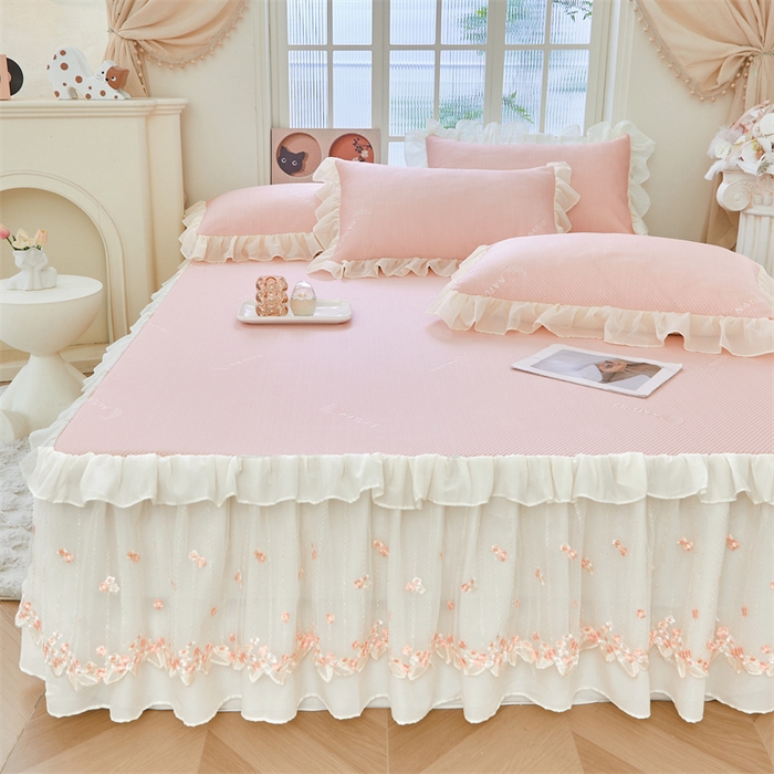 91家纺网 家纺一手货源 找家纺 虹星家纺 2025新款A类冰感凉豆豆床裙席夏被夏凉被空调被四件套-素夏 素夏-蜜桃粉