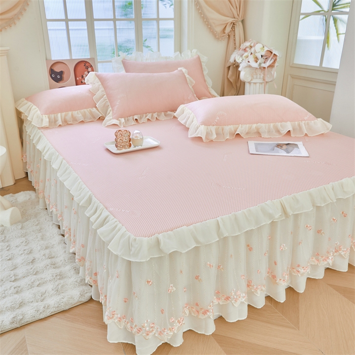 91家纺网 家纺一手货源 找家纺 虹星家纺 2025新款A类冰感凉豆豆床裙席夏被夏凉被空调被四件套-素夏 素夏-蜜桃粉