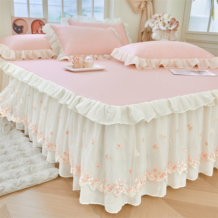 91家纺网 家纺一手货源 找家纺 虹星家纺 2025新款A类冰感凉豆豆床裙席夏被夏凉被空调被四件套-素夏 素夏-蜜桃粉