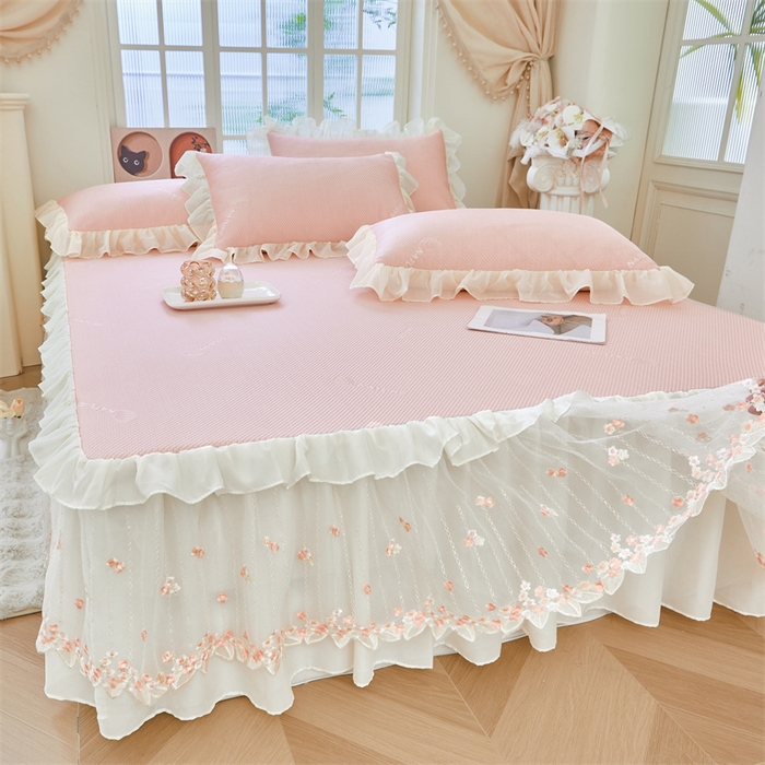 91家纺网 家纺一手货源 找家纺 虹星家纺 2025新款A类冰感凉豆豆床裙席夏被夏凉被空调被四件套-素夏 素夏-蜜桃粉