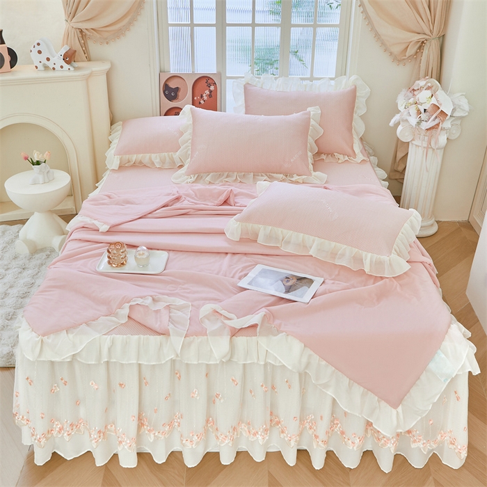 91家纺网 家纺一手货源 找家纺 虹星家纺 2025新款A类冰感凉豆豆床裙席夏被夏凉被空调被四件套-素夏 素夏-蜜桃粉