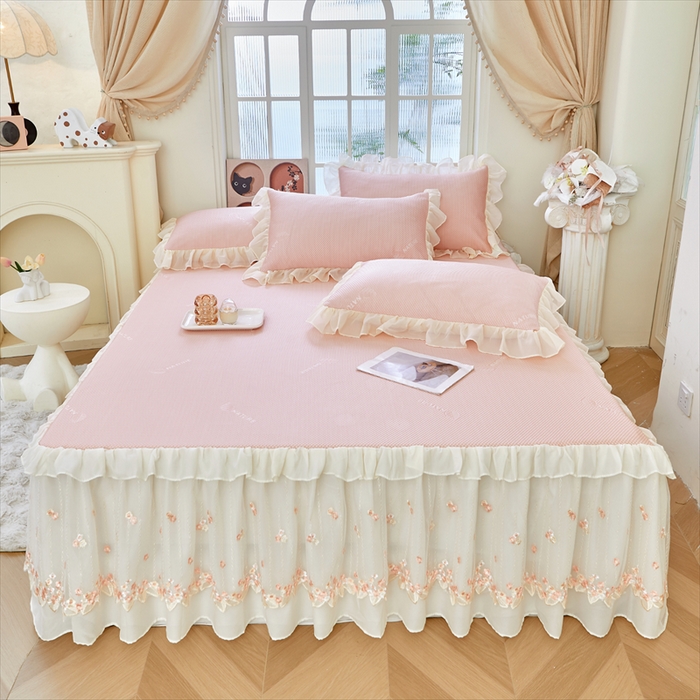 91家纺网 家纺一手货源 找家纺 虹星家纺 2025新款A类冰感凉豆豆床裙席夏被夏凉被空调被四件套-素夏 素夏-蜜桃粉