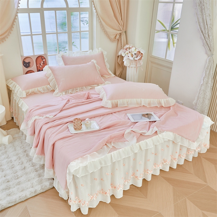 91家纺网 家纺一手货源 找家纺 虹星家纺 2025新款A类冰感凉豆豆床裙席夏被夏凉被空调被四件套-素夏 素夏-蜜桃粉