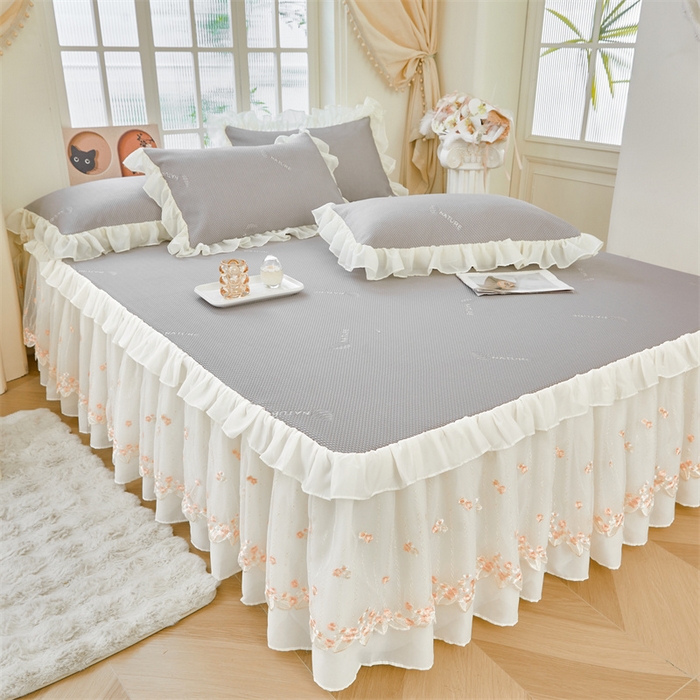 91家纺网 家纺一手货源 找家纺 虹星家纺 2025新款A类冰感凉豆豆床裙席三件套-素夏 素夏-月光灰