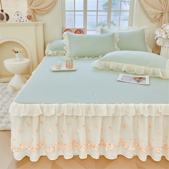 91家纺网 家纺一手货源 找家纺 虹星家纺 2025新款A类冰感凉豆豆床裙席夏被夏凉被空调被四件套-素夏 素夏-青果绿