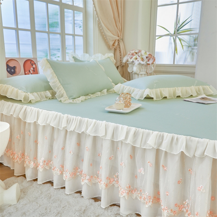 91家纺网 家纺一手货源 找家纺 虹星家纺 2025新款A类冰感凉豆豆床裙席夏被夏凉被空调被四件套-素夏 素夏-青果绿