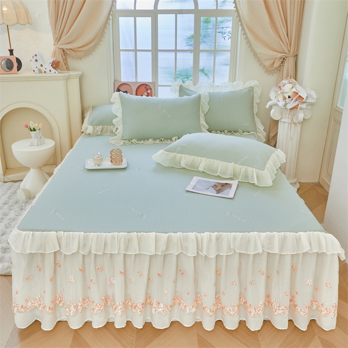 91家纺网 家纺一手货源 找家纺 虹星家纺 2025新款A类冰感凉豆豆床裙席夏被夏凉被空调被四件套-素夏 素夏-青果绿