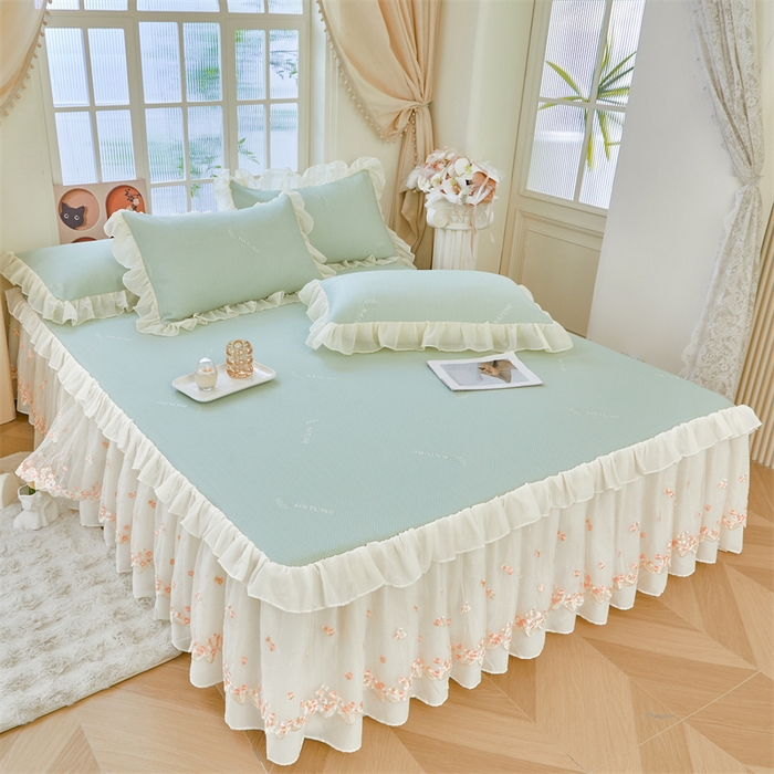 91家纺网 家纺一手货源 找家纺 虹星家纺 2025新款A类冰感凉豆豆床裙席夏被夏凉被空调被四件套-素夏 素夏-青果绿