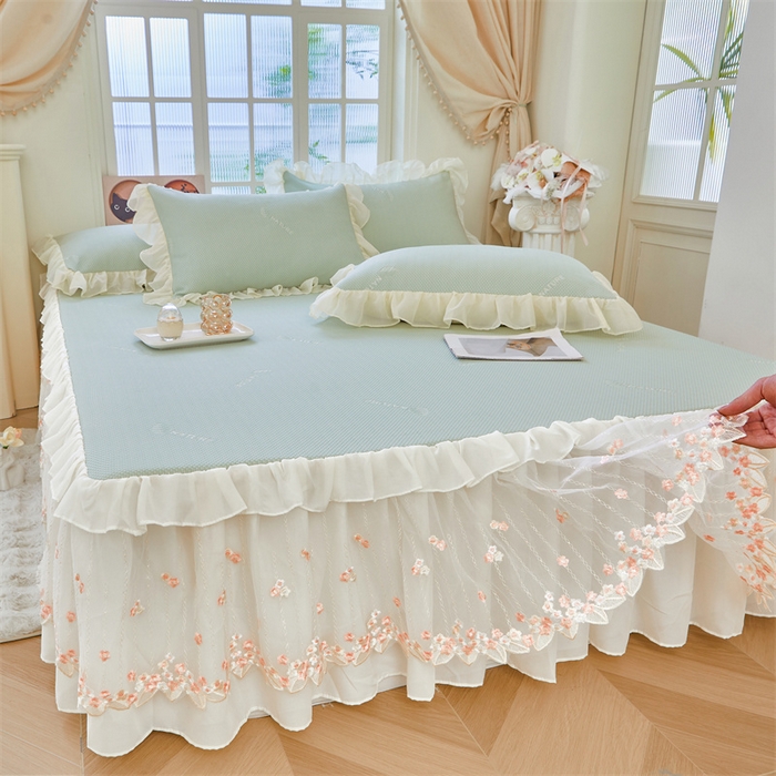 91家纺网 家纺一手货源 找家纺 虹星家纺 2025新款A类冰感凉豆豆床裙席夏被夏凉被空调被四件套-素夏 素夏-青果绿