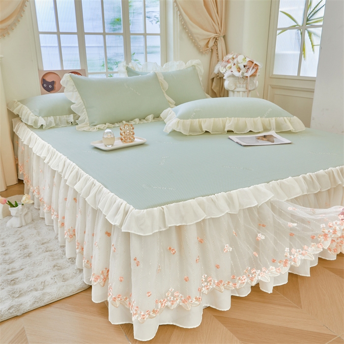 91家纺网 家纺一手货源 找家纺 虹星家纺 2025新款A类冰感凉豆豆床裙席夏被夏凉被空调被四件套-素夏 素夏-青果绿