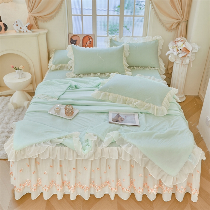 91家纺网 家纺一手货源 找家纺 虹星家纺 2025新款A类冰感凉豆豆床裙席夏被夏凉被空调被四件套-素夏 素夏-青果绿