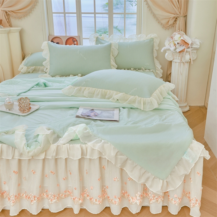 91家纺网 家纺一手货源 找家纺 虹星家纺 2025新款A类冰感凉豆豆床裙席夏被夏凉被空调被四件套-素夏 素夏-青果绿