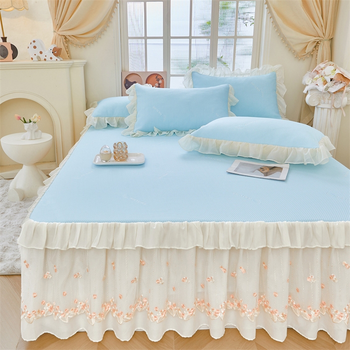 91家纺网 家纺一手货源 找家纺 虹星家纺 2025新款A类冰感凉豆豆床裙席夏被夏凉被空调被四件套-素夏 素夏-天空蓝