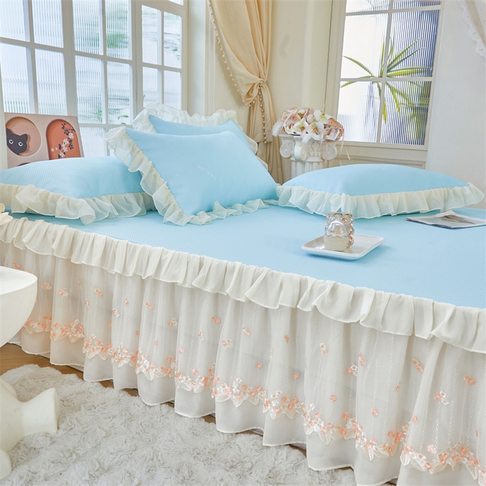 91家纺网 家纺一手货源 找家纺 虹星家纺 2025新款A类冰感凉豆豆床裙席夏被夏凉被空调被四件套-素夏 素夏-天空蓝