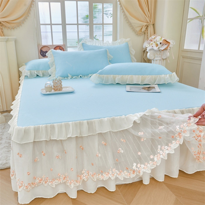 91家纺网 家纺一手货源 找家纺 虹星家纺 2025新款A类冰感凉豆豆床裙席夏被夏凉被空调被四件套-素夏 素夏-天空蓝