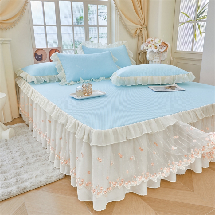 91家纺网 家纺一手货源 找家纺 虹星家纺 2025新款A类冰感凉豆豆床裙席夏被夏凉被空调被四件套-素夏 素夏-天空蓝