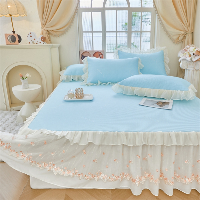 91家纺网 家纺一手货源 找家纺 虹星家纺 2025新款A类冰感凉豆豆床裙席夏被夏凉被空调被四件套-素夏 素夏-天空蓝