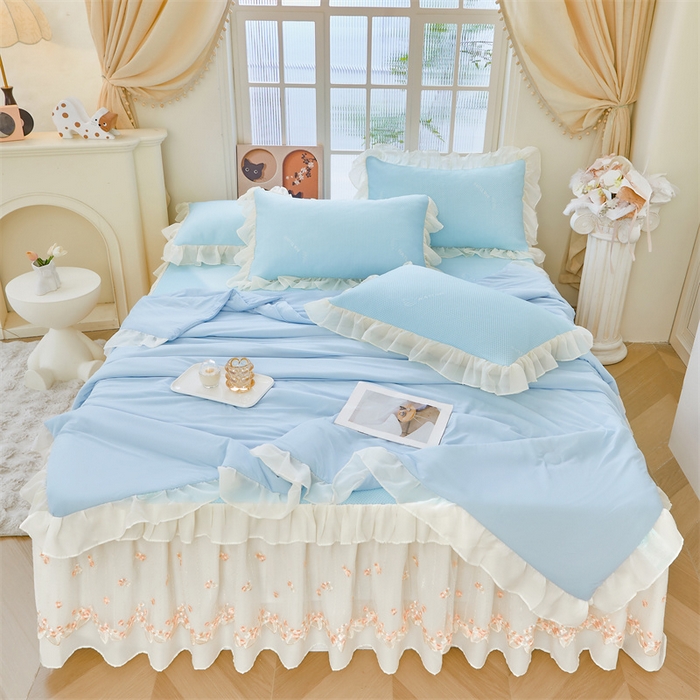 91家纺网 家纺一手货源 找家纺 虹星家纺 2025新款A类冰感凉豆豆床裙席夏被夏凉被空调被四件套-素夏 素夏-天空蓝