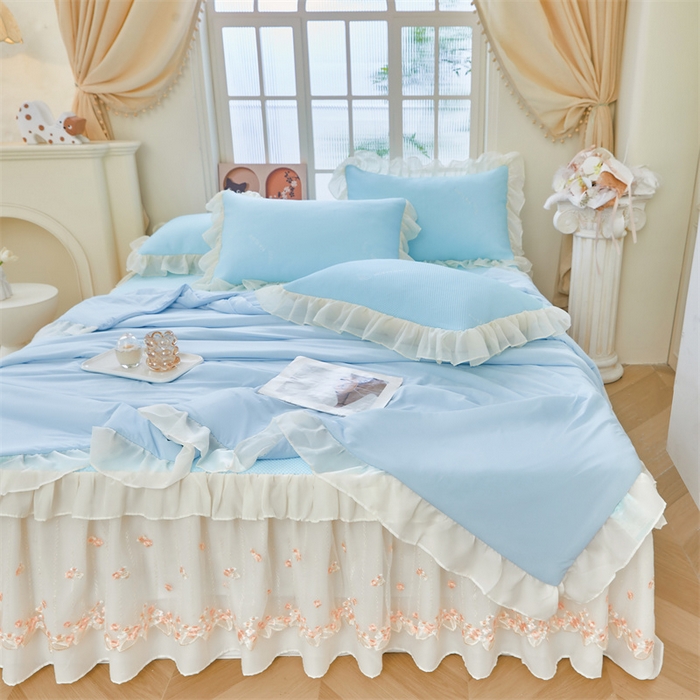 91家纺网 家纺一手货源 找家纺 虹星家纺 2025新款A类冰感凉豆豆床裙席夏被夏凉被空调被四件套-素夏 素夏-天空蓝