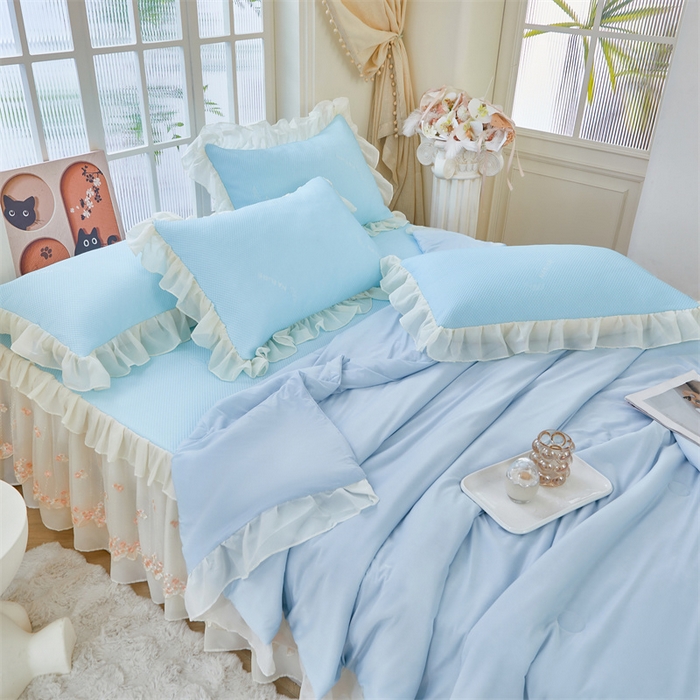 91家纺网 家纺一手货源 找家纺 虹星家纺 2025新款A类冰感凉豆豆床裙席夏被夏凉被空调被四件套-素夏 素夏-天空蓝