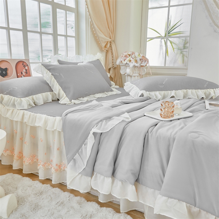 虹星家纺 2025新款A类冰感凉豆豆床裙席夏被夏凉被空调被四件套-素夏 素夏-月光灰