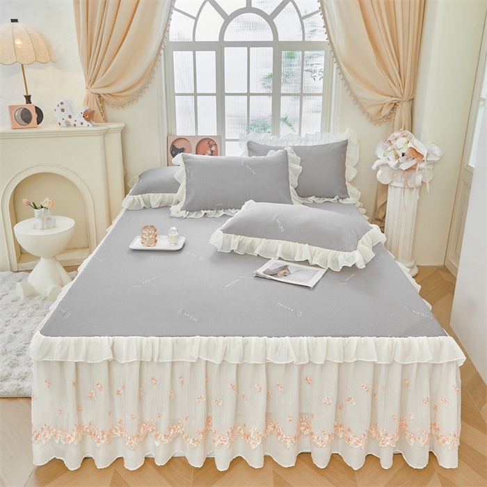 91家纺网 家纺一手货源 找家纺 虹星家纺 2025新款A类冰感凉豆豆床裙席夏被夏凉被空调被四件套-素夏 素夏-月光灰