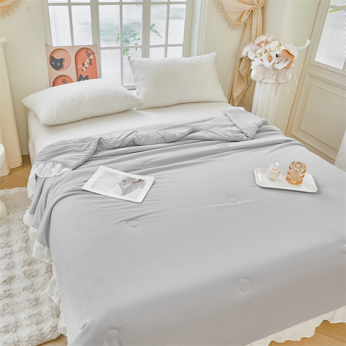 91家纺网 家纺一手货源 找家纺 虹星家纺 2025新款A类冰感凉豆豆床裙席夏被夏凉被空调被四件套-素夏 素夏-月光灰