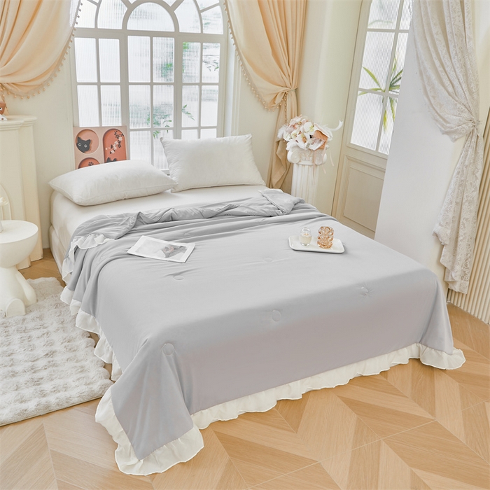 91家纺网 家纺一手货源 找家纺 虹星家纺 2025新款A类冰感凉豆豆床裙席夏被夏凉被空调被四件套-素夏 素夏-月光灰