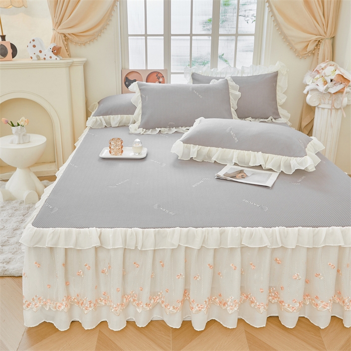 91家纺网 家纺一手货源 找家纺 虹星家纺 2025新款A类冰感凉豆豆床裙席夏被夏凉被空调被四件套-素夏 素夏-月光灰