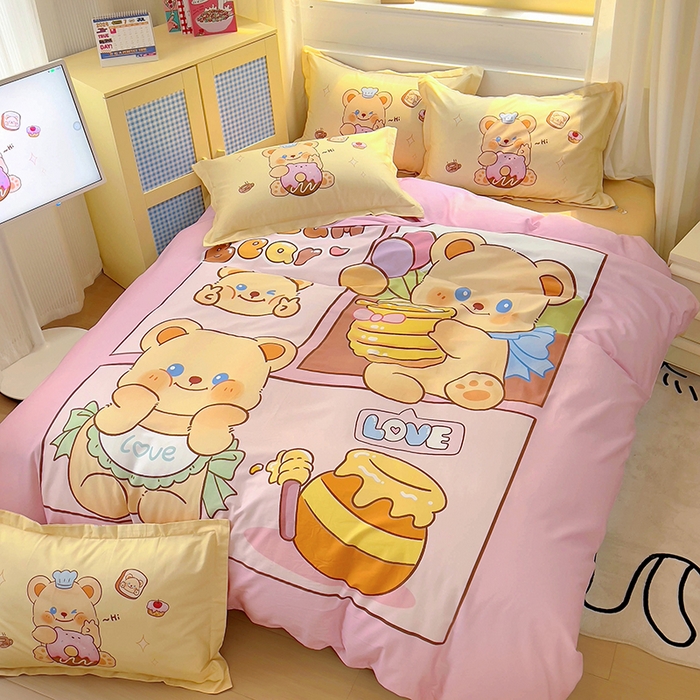 91家纺网 家纺一手货源 找家纺 浩诚 2025新款原创IP奶油小熊（黄油小熊）全棉纯棉四件套 蜂蜜小熊