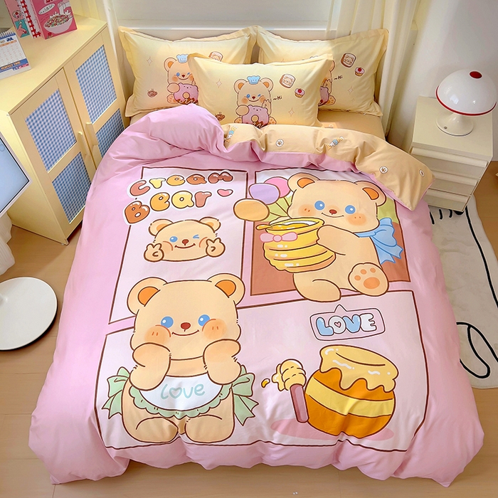 91家纺网 家纺一手货源 找家纺 浩诚 2025新款原创IP奶油小熊（黄油小熊）全棉纯棉四件套 蜂蜜小熊