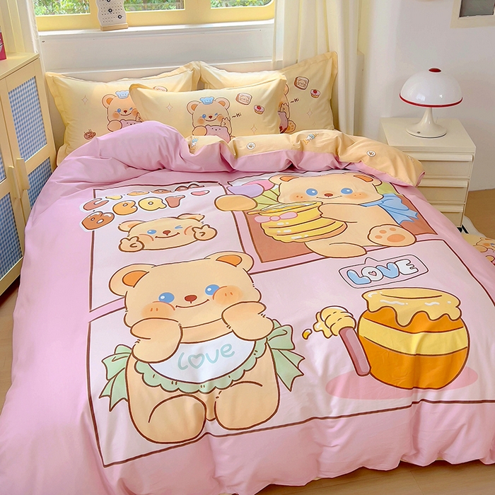 91家纺网 家纺一手货源 找家纺 浩诚 2025新款原创IP奶油小熊（黄油小熊）全棉纯棉四件套 蜂蜜小熊