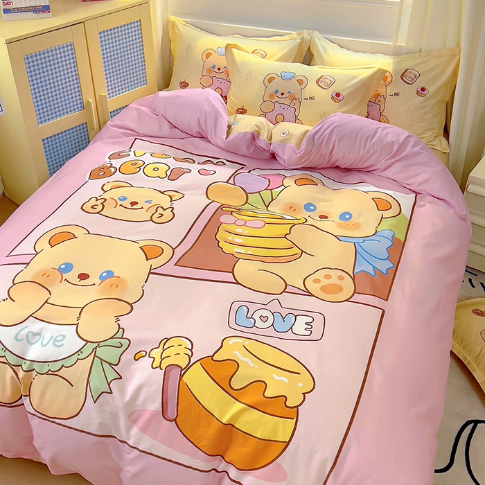 91家纺网 家纺一手货源 找家纺 浩诚 2025新款原创IP奶油小熊（黄油小熊）全棉纯棉四件套 蜂蜜小熊