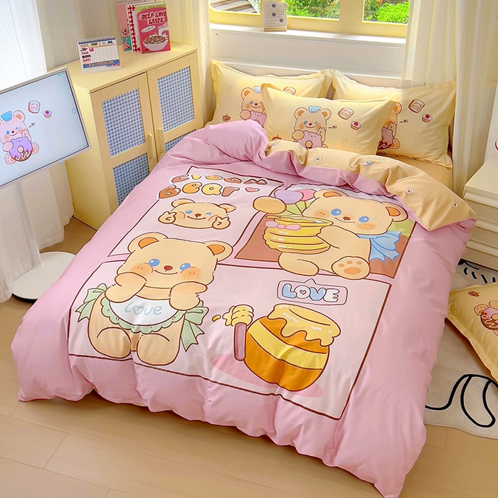 91家纺网 家纺一手货源 找家纺 浩诚 2025新款原创IP奶油小熊（黄油小熊）全棉纯棉四件套 蜂蜜小熊