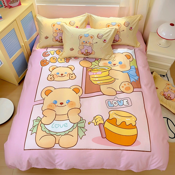 91家纺网 家纺一手货源 找家纺 浩诚 2025新款原创IP奶油小熊（黄油小熊）全棉纯棉四件套 蜂蜜小熊