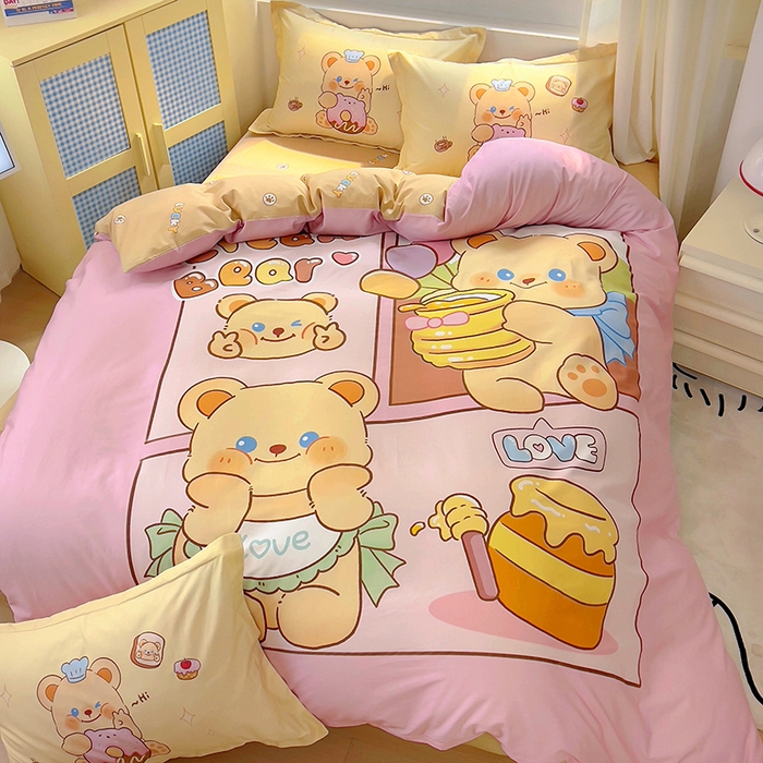 91家纺网 家纺一手货源 找家纺 浩诚 2025新款原创IP奶油小熊（黄油小熊）全棉纯棉四件套 蜂蜜小熊