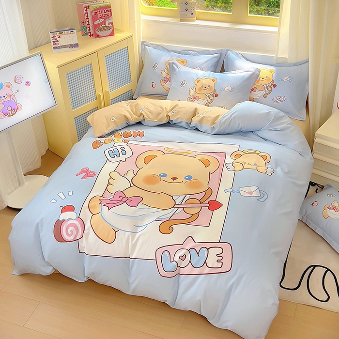 91家纺网 家纺一手货源 找家纺 浩诚 2025新款原创IP奶油小熊（黄油小熊）全棉纯棉四件套 小熊丘比特