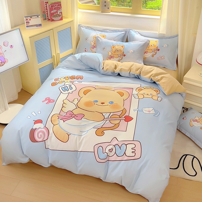 91家纺网 家纺一手货源 找家纺 浩诚 2025新款原创IP奶油小熊（黄油小熊）全棉纯棉四件套 小熊丘比特