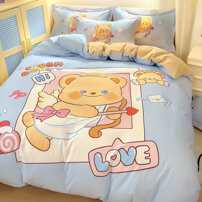 91家纺网 家纺一手货源 找家纺 浩诚 2025新款原创IP奶油小熊（黄油小熊）全棉纯棉四件套 小熊丘比特