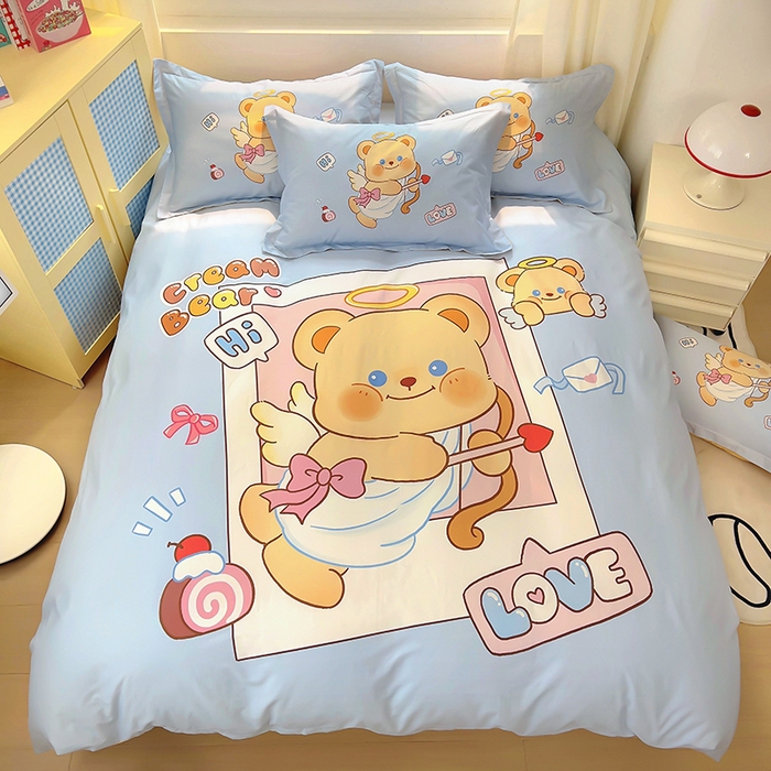 91家纺网 家纺一手货源 找家纺 浩诚 2025新款原创IP奶油小熊（黄油小熊）全棉纯棉四件套 小熊丘比特