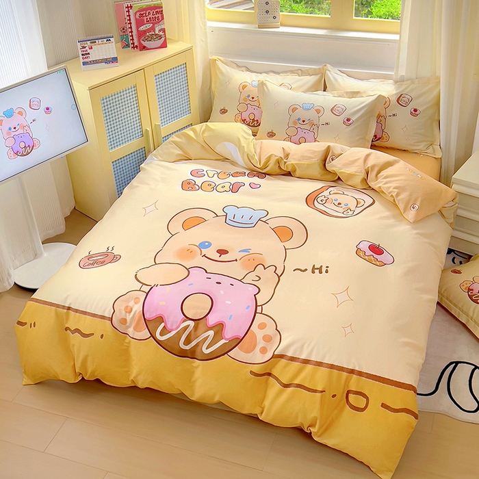 91家纺网 家纺一手货源 找家纺 浩诚 2025新款原创IP奶油小熊（黄油小熊）全棉纯棉四件套 小熊甜甜圈