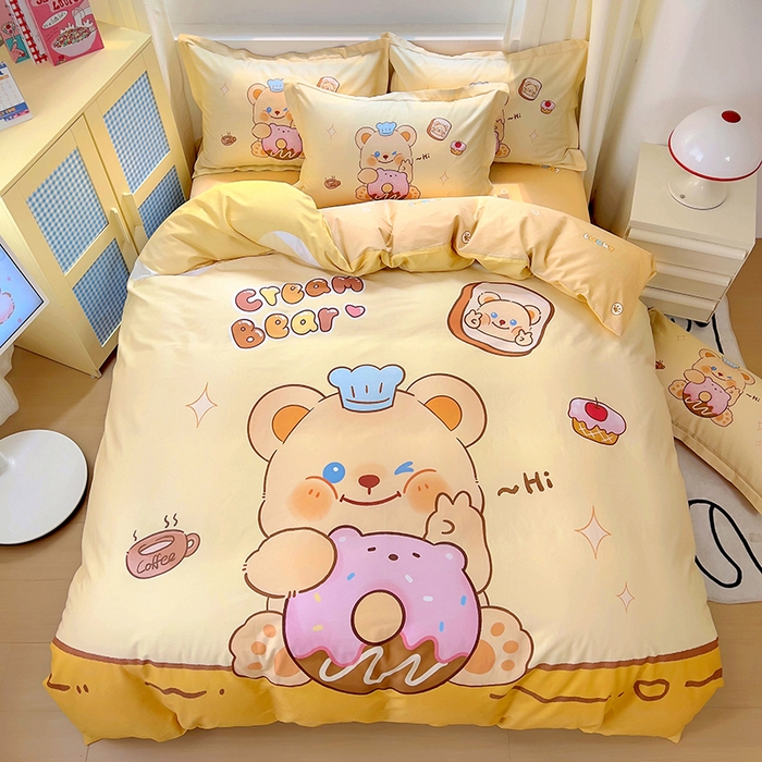 91家纺网 家纺一手货源 找家纺 浩诚 2025新款原创IP奶油小熊（黄油小熊）全棉纯棉四件套 小熊甜甜圈