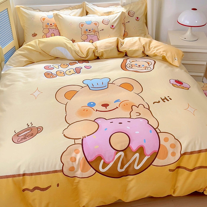 91家纺网 家纺一手货源 找家纺 浩诚 2025新款原创IP奶油小熊（黄油小熊）全棉纯棉四件套 小熊甜甜圈