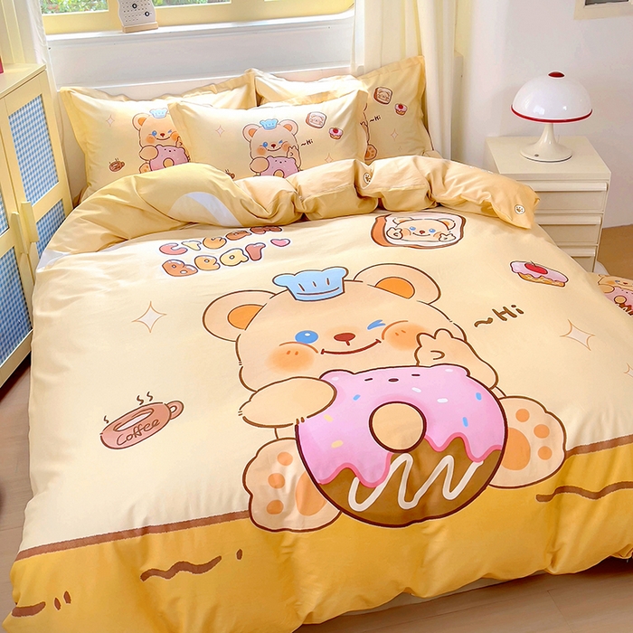 91家纺网 家纺一手货源 找家纺 浩诚 2025新款原创IP奶油小熊（黄油小熊）全棉纯棉四件套 小熊甜甜圈