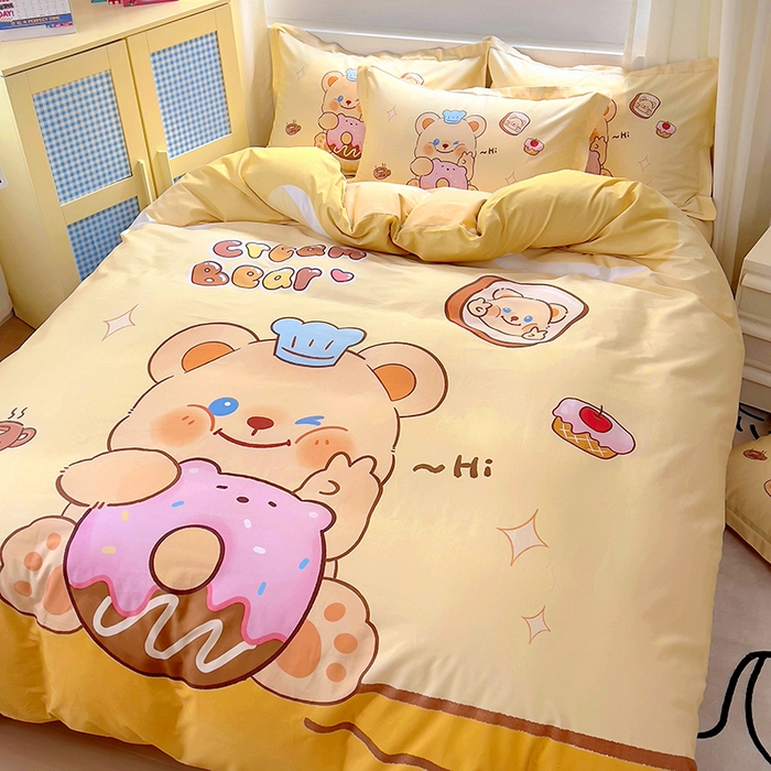 91家纺网 家纺一手货源 找家纺 浩诚 2025新款原创IP奶油小熊（黄油小熊）全棉纯棉四件套 小熊甜甜圈